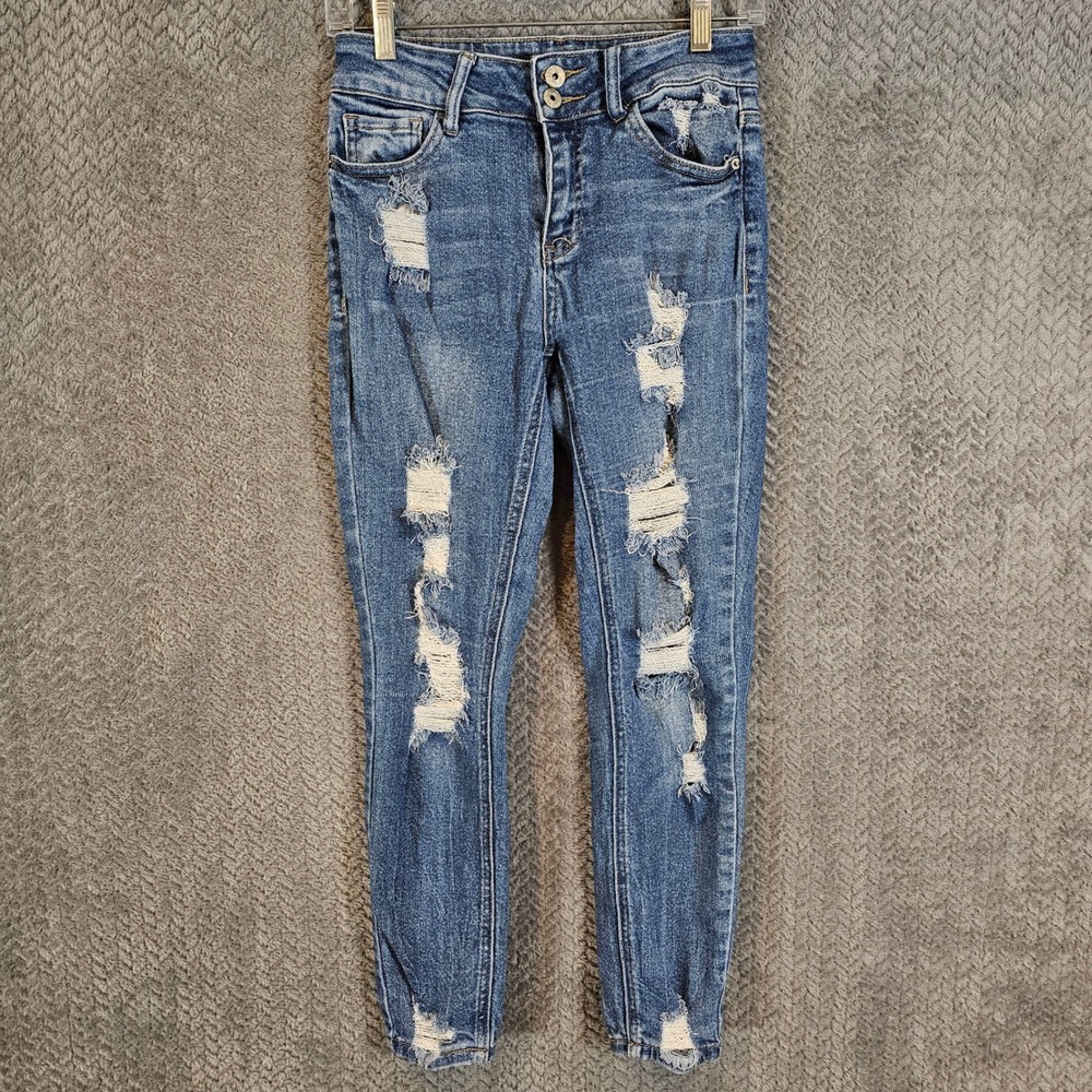 Vanilla‎ Star Womens High Rise Jegging Medium Wash Distressed Ripped Blue Jeans